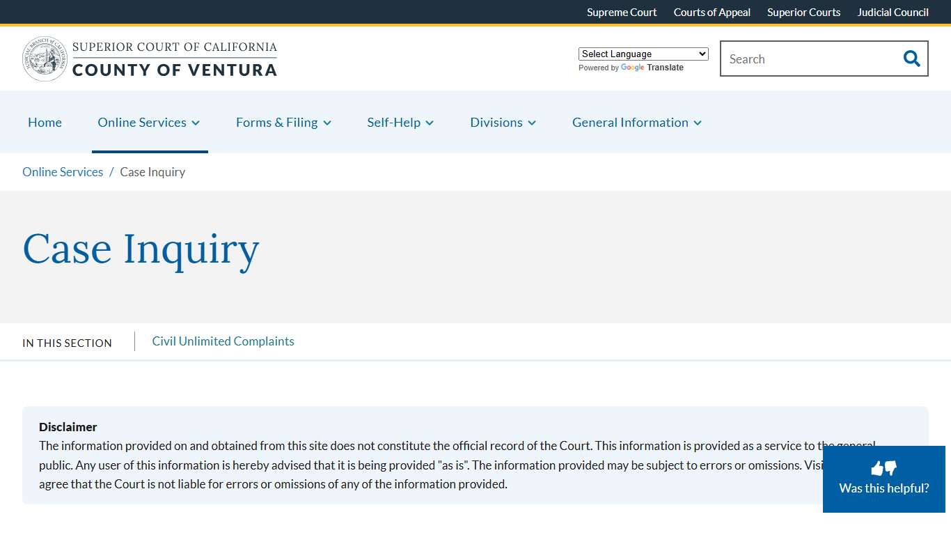 Case Inquiry | Superior Court of California | County of Ventura